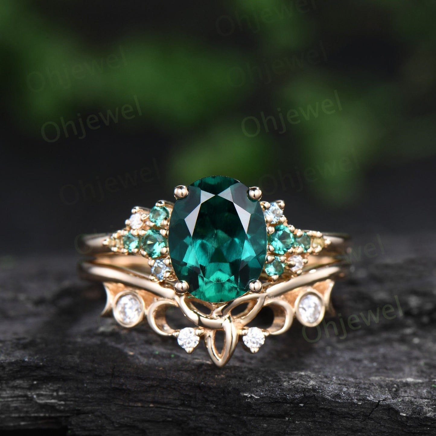 Vintage oval cut emerald engagement ring set solid 14k rose gold cluster snowdrift peridot topaz ring women gemstone ring unique bridal ring