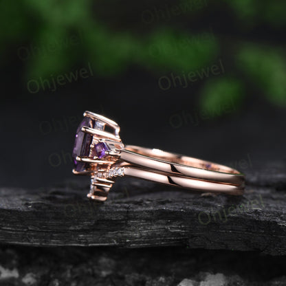 Hexagon cut purple amethyst ring rose gold kite three stone unique engagement ring minimalist moissanite anniversary ring set gift for women