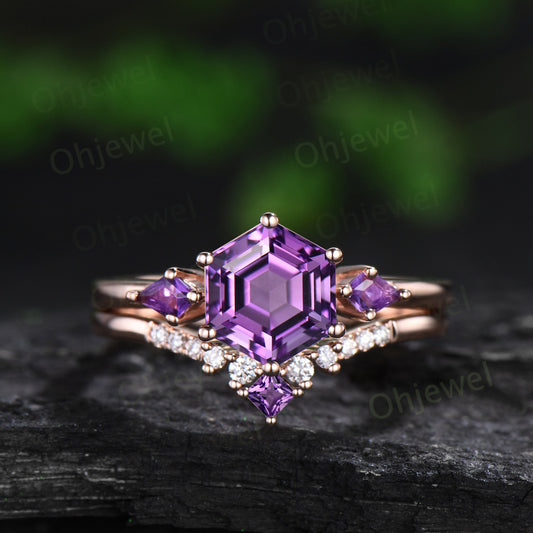 Hexagon cut purple amethyst ring rose gold kite three stone unique engagement ring minimalist moissanite anniversary ring set gift for women