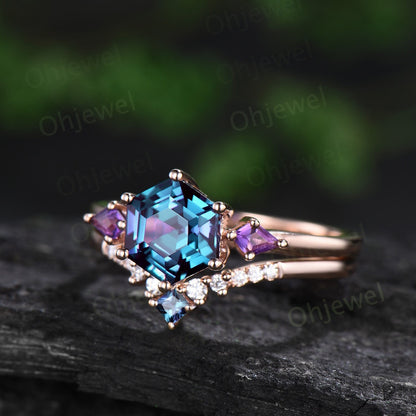 Hexagon cut alexandrite ring vintage rose gold three stone unique engagement ring kite amethyst ring women promise bridal ring set jewelry