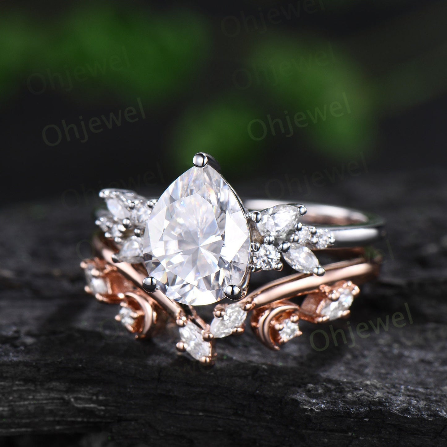Pear moissanite engagement ring 14k white gold cluster snowdrift diamond ring vintage moon unique bridal wedding ring band set women