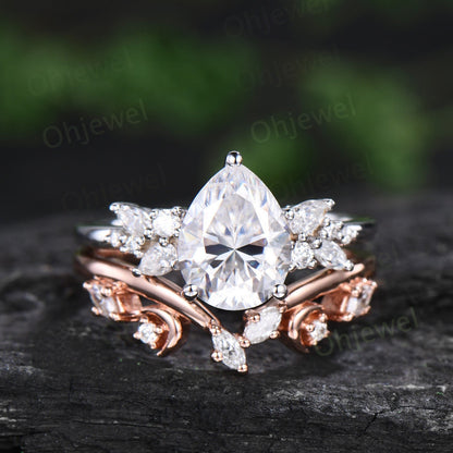 Pear moissanite engagement ring 14k white gold cluster snowdrift diamond ring vintage moon unique bridal wedding ring band set women