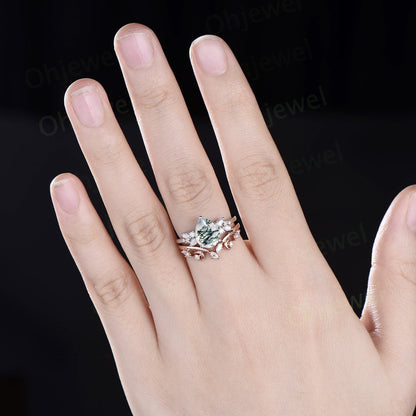 Pear moss agate engagement ring 14k white gold cluster snowdrift diamond ring vintage moon unique bridal wedding ring band set women gift
