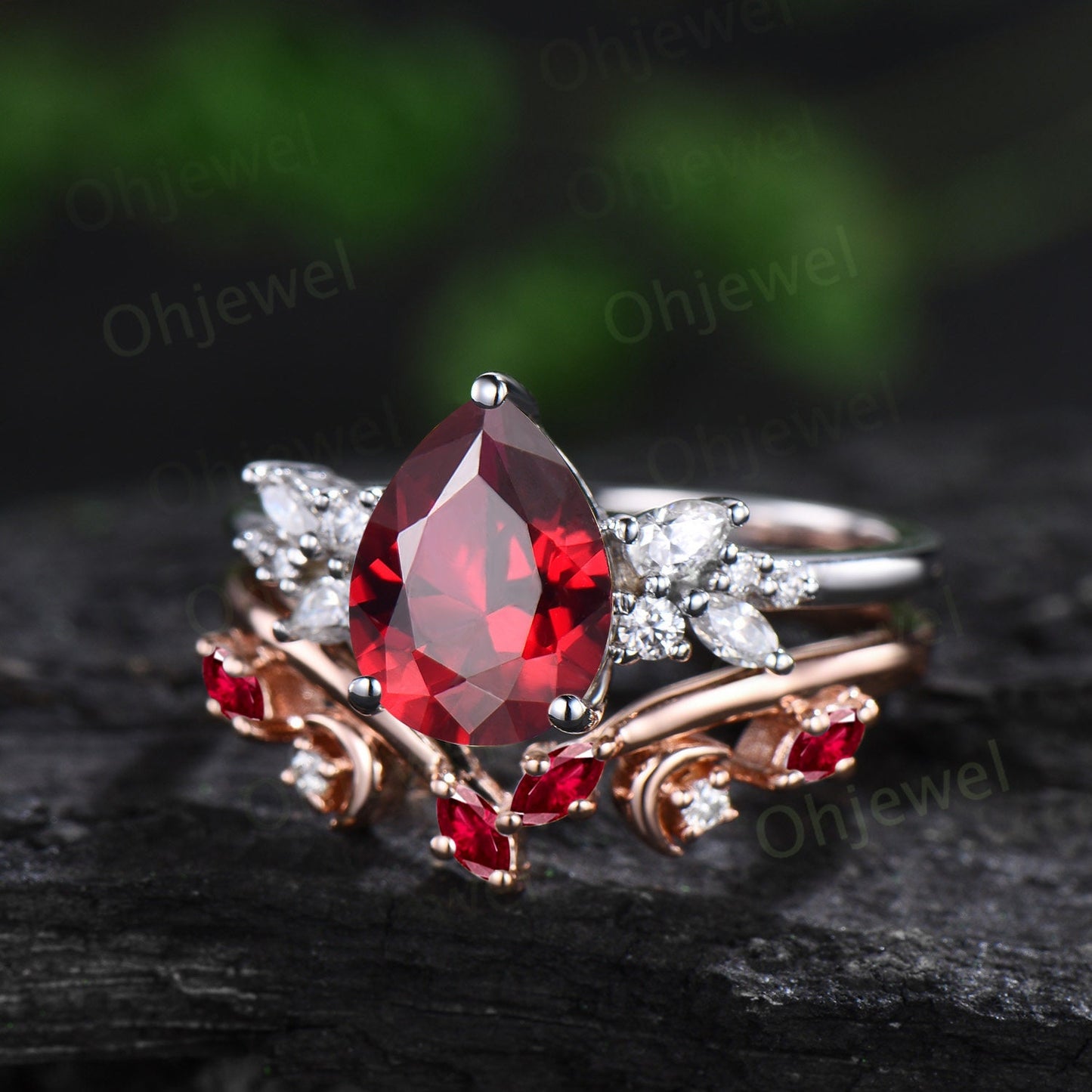 Pear cut red ruby engagement ring 14k white gold cluster snowdrift diamond ring vintage moon unique bridal wedding ring band set women gift