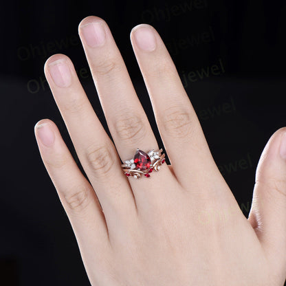 Pear cut red ruby engagement ring 14k white gold cluster snowdrift diamond ring vintage moon unique bridal wedding ring band set women gift