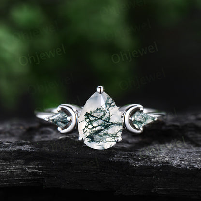 Vintage pear moss agate engagement ring white gold kite moss agate ring moon leaf natural sapphire wedding ring set band women jewelry her