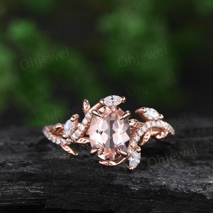 Unique oval cut morganite engagement ring rose gold vintage cluster leaf half eternity twisted diamond wedding bridal ring set women gift