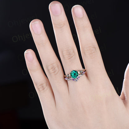 Vintage Hexagon cut green emerald engagement ring moon three stone kite moss agate ring amethyst wedding ring band stacking bridal set women