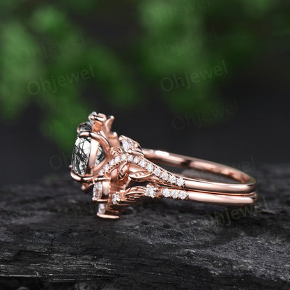 Unique oval black rutilated quartz engagement ring rose gold vintage cluster leaf half eternity twisted diamond bridal ring set women gift