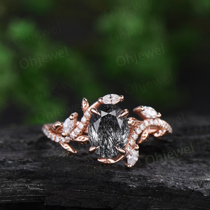 Unique oval black rutilated quartz engagement ring rose gold vintage cluster leaf half eternity twisted diamond bridal ring set women gift