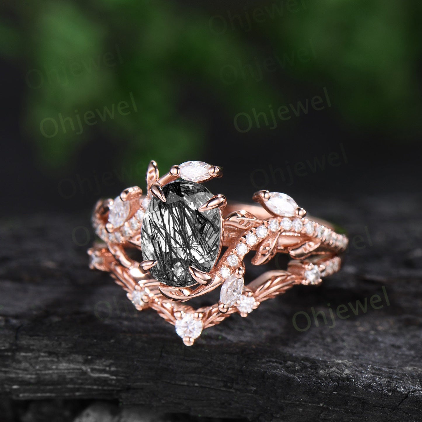 Unique oval black rutilated quartz engagement ring rose gold vintage cluster leaf half eternity twisted diamond bridal ring set women gift