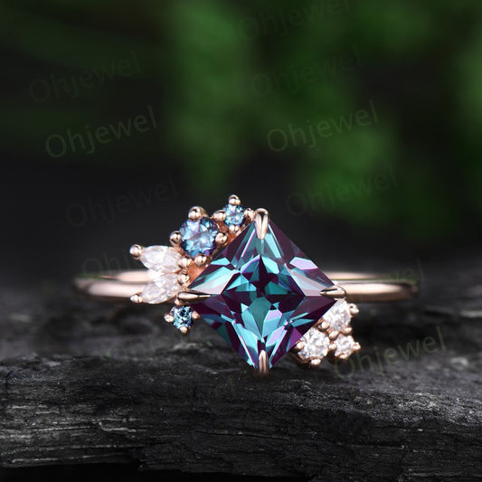 Unique princess cut Alexandrite engagement ring solid 14k 18k rose gold cluster marquise diamond ring women vintage anniversary ring gift