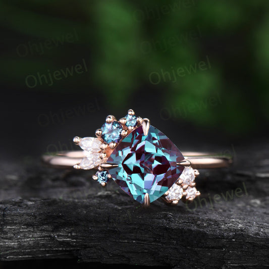 Vintage cushion cut Alexandrite engagement ring 14k rose gold snowdrift cluster diamond ring women unique wedding promise ring gift jewelry