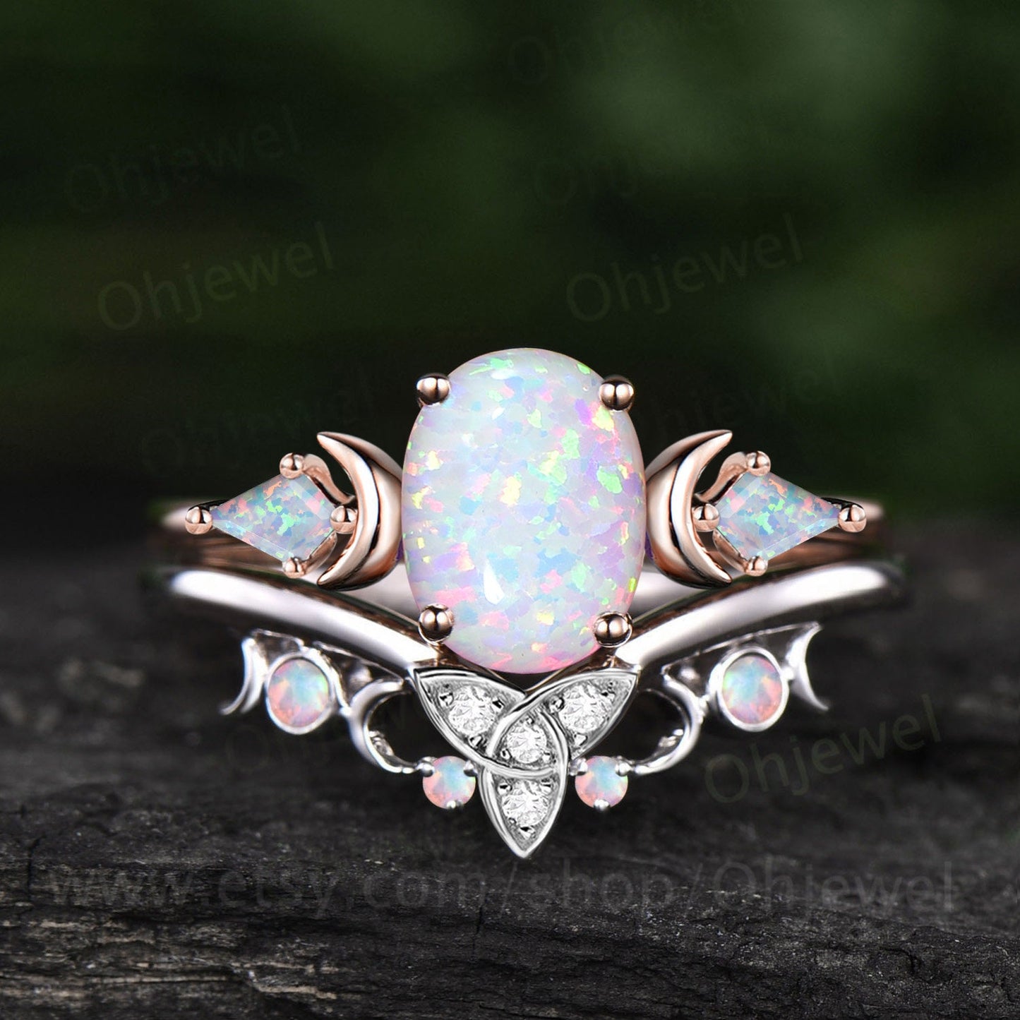 Oval white opal ring rose gold three stone moon unique engagement ring kite opal ring silver celtic knot wedding band women gift jewelry