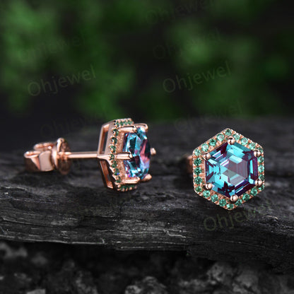 Vintage hexagon cut Alexandrite earrings solid 14k 18k rose gold unique 6 prong halo emerald stud earrings women wedding anniversary gift