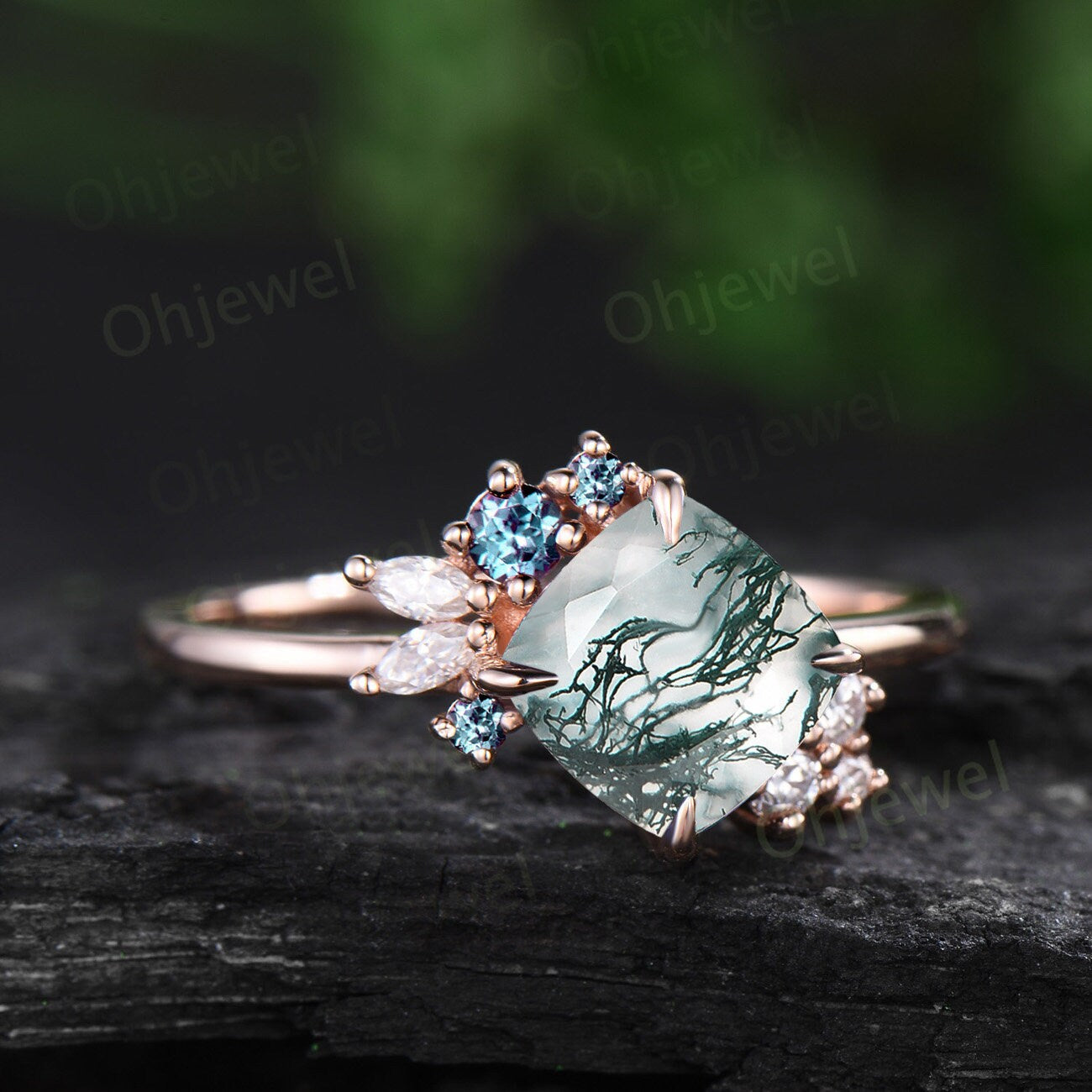 Cluster cushion cut green moss agate engagement ring rose gold art alexandrite diamond ring vintage claw prong wedding anniversary ring gift