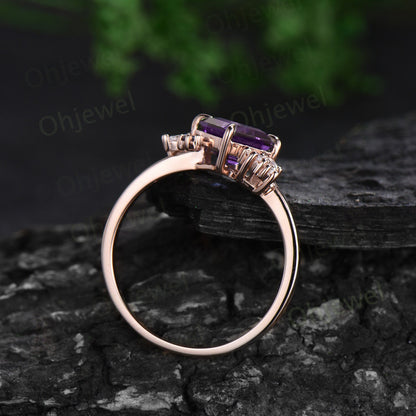 Unique princess cut purple amethyst engagement ring solid 14k 18k rose gold cluster diamond opal ring women vintage anniversary ring gift