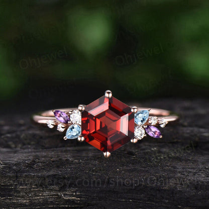 Hexagon cut red garnet engagement ring solid 14k rose gold 6 prong cluster snowdrift amethyst topaz ring vintage anniversary ring women