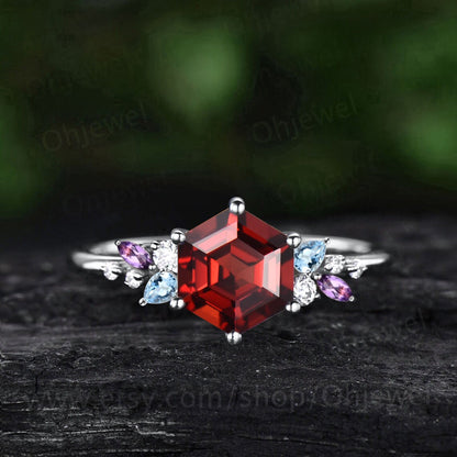 Hexagon cut red garnet engagement ring solid 14k rose gold 6 prong cluster snowdrift amethyst topaz ring vintage anniversary ring women