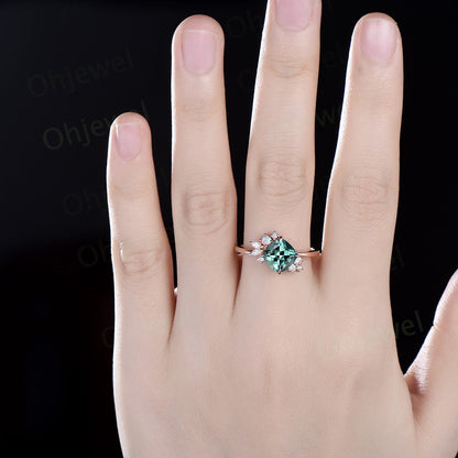 Cushion cut green sapphire engagement ring solid 14k rose gold snowdrift cluster opal ring vintage diamond anniversary ring gift for women