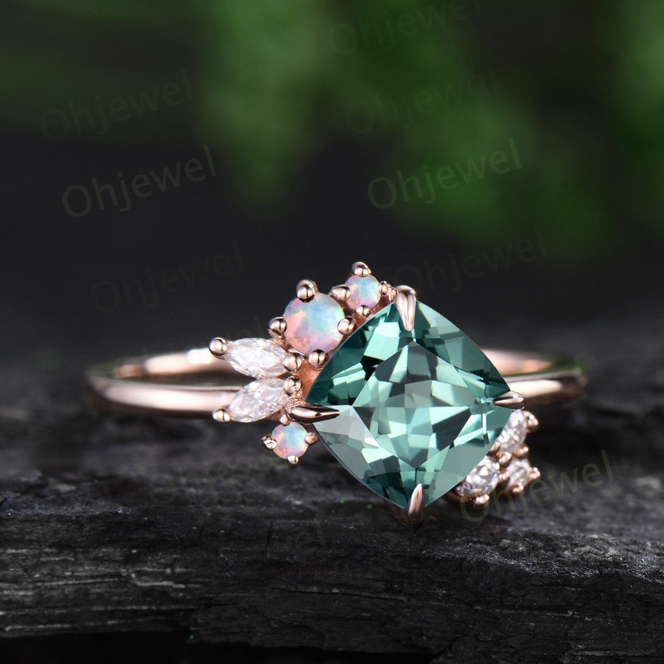 Cushion cut green sapphire engagement ring solid 14k rose gold snowdrift cluster opal ring vintage diamond anniversary ring gift for women