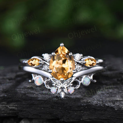 Pear shaped citrine ring vintage unique engagement ring art deco 14k yellow gold leaf opal ring women twisted wedding promise ring set gift