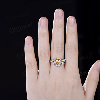 Pear shaped citrine ring vintage unique engagement ring art deco 14k yellow gold leaf opal ring women twisted wedding promise ring set gift