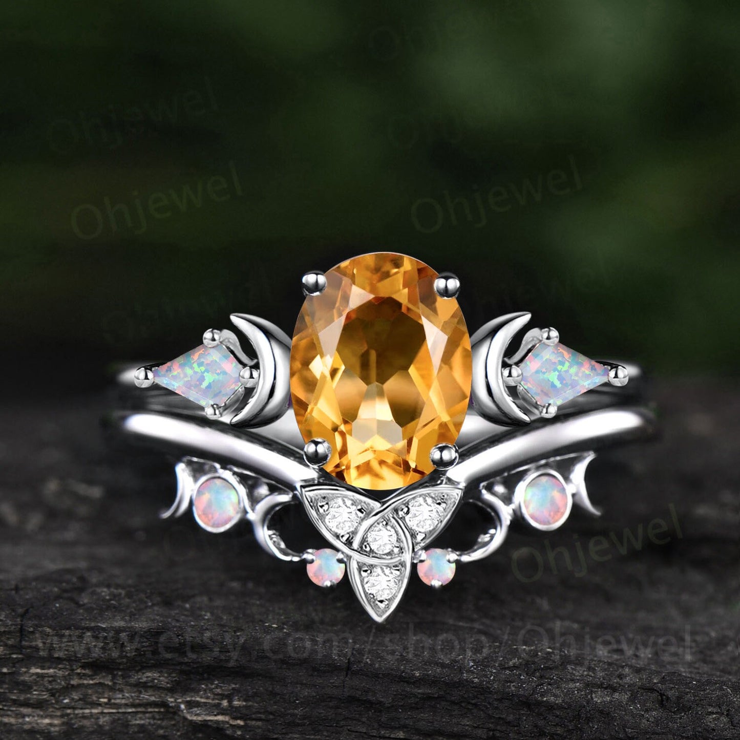 Vintage oval yellow citrine engagement ring Moon kite opal ring 14k rose gold crystal gemstone moissanite anniversary bridal ring set women