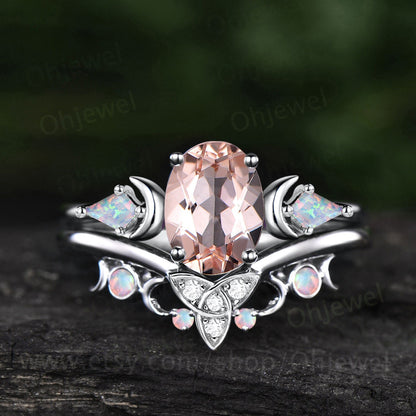 Vintage oval cut morganite engagement ring Moon kite opal ring solid 14k rose gold Crystal gemstone moissanite promise bridal ring set women