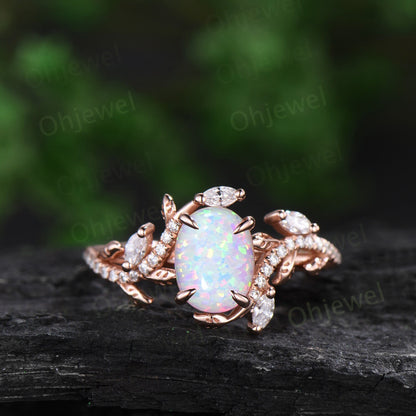 Oval white opal ring vintage rose gold leaf nature inspired unique engagement ring half eternity diamond anniversary ring set gift for women