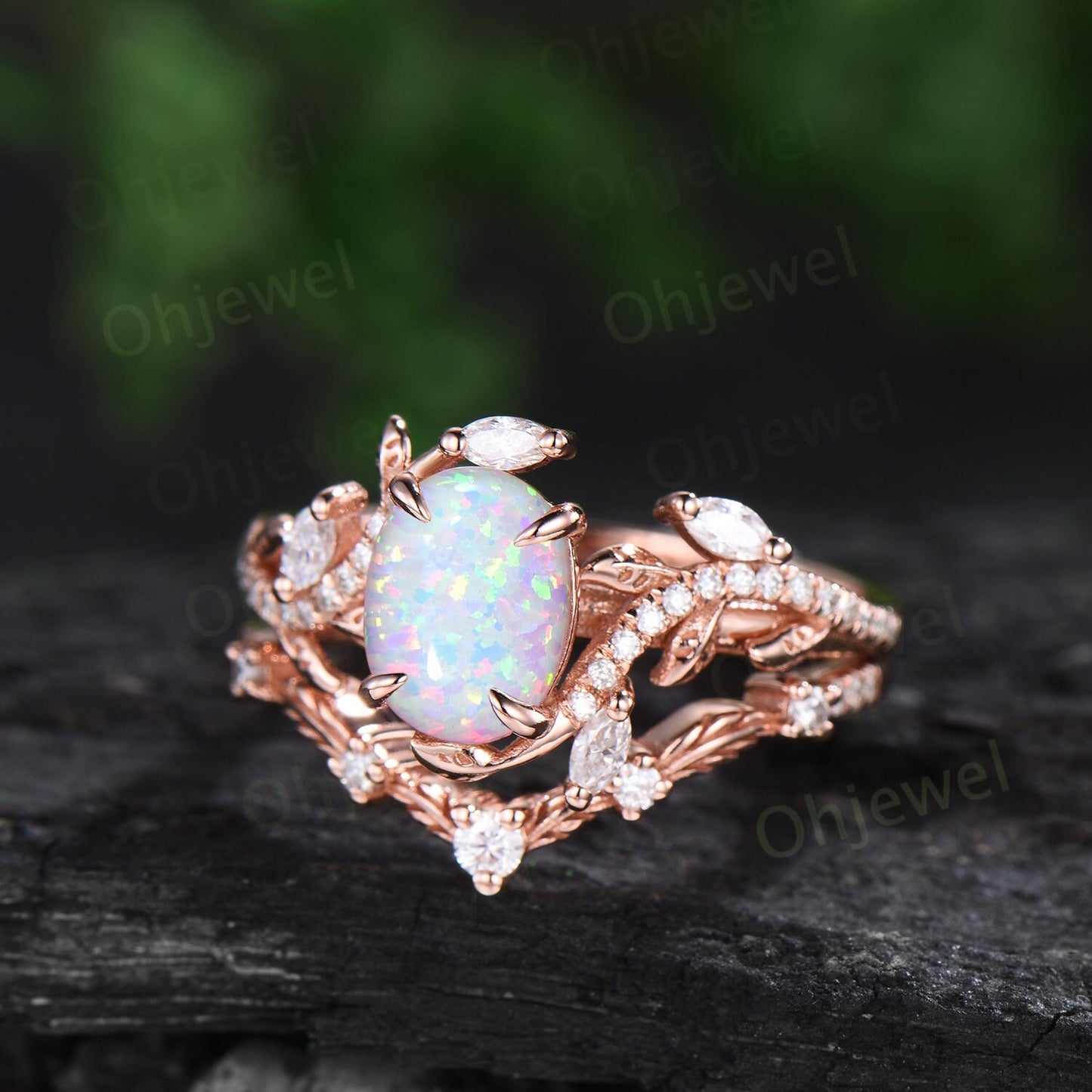 Oval white opal ring vintage rose gold leaf nature inspired unique engagement ring half eternity diamond anniversary ring set gift for women