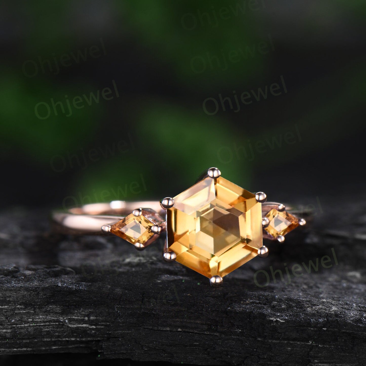 Hexagon cut citrine engagement ring 14k yellow gold three stone kite citrine ring women crystal gemstone wedding anniversary ring set gift