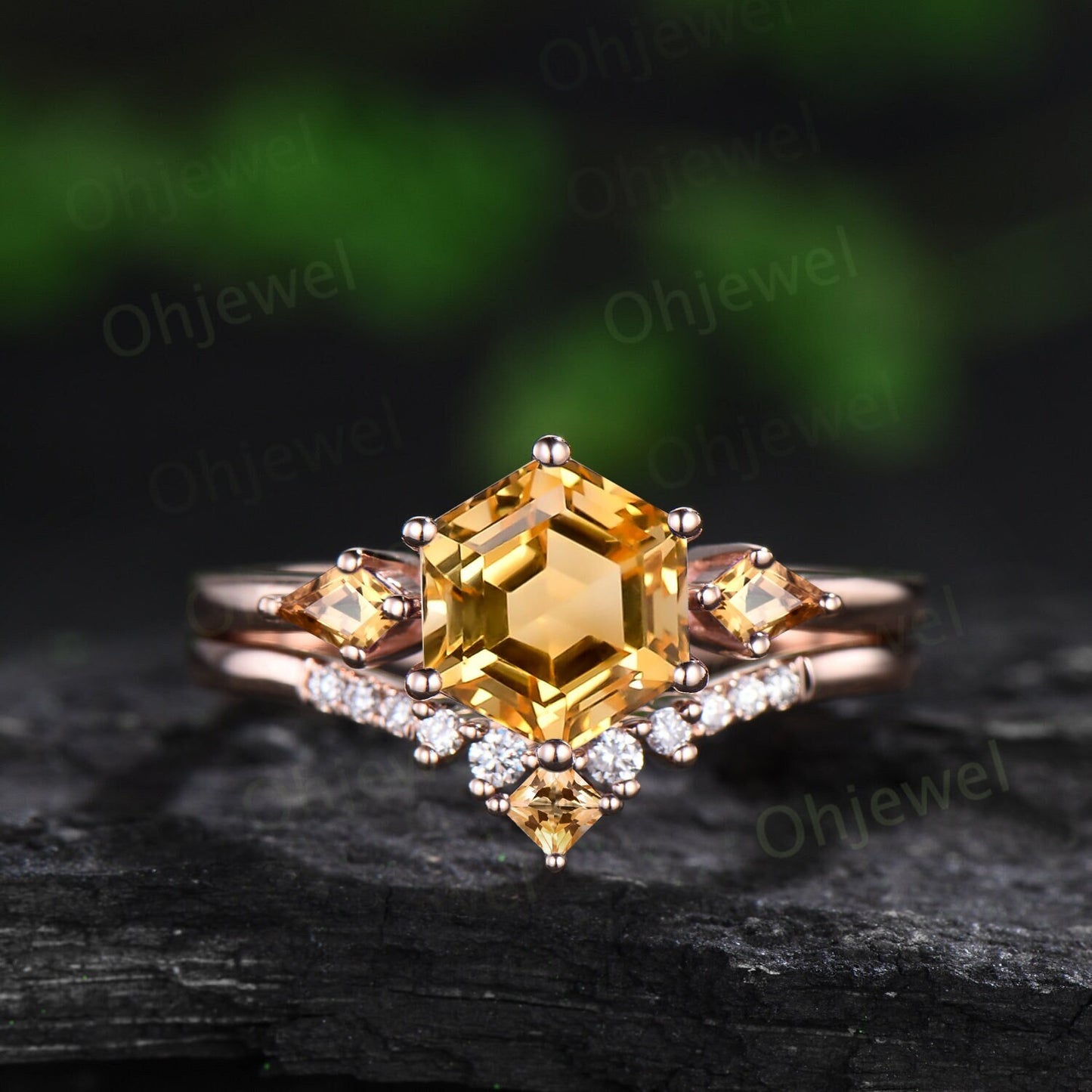 Hexagon cut citrine engagement ring 14k yellow gold three stone kite citrine ring women crystal gemstone wedding anniversary ring set gift