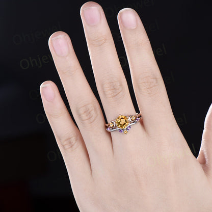 Hexagon cut yellow citrine ring vintage moon three stone unique engagement ring women marquise amethyst bridal anniversary ring set gift