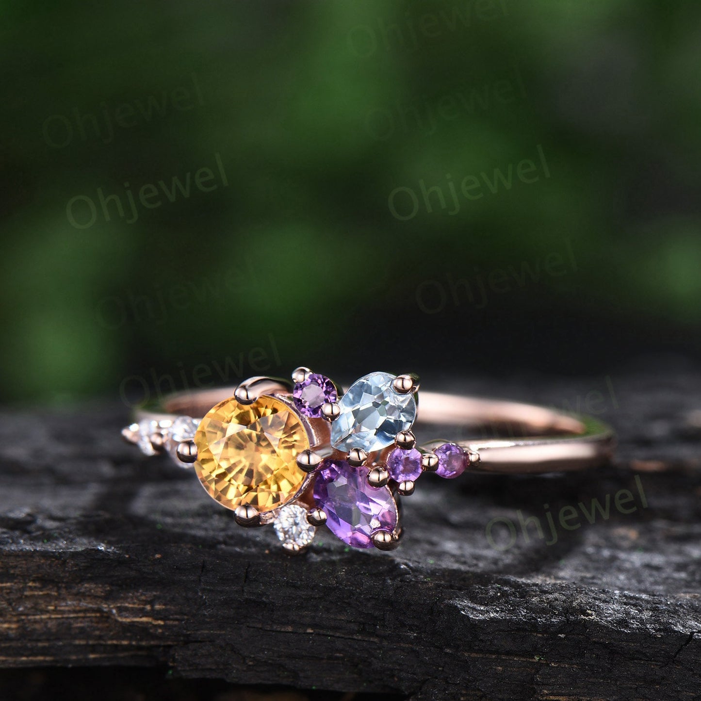 Dainty round natural yellow sapphire ring cluster amethyst aquamarine diamond ring rose gold unique engagement ring women anniversary gift