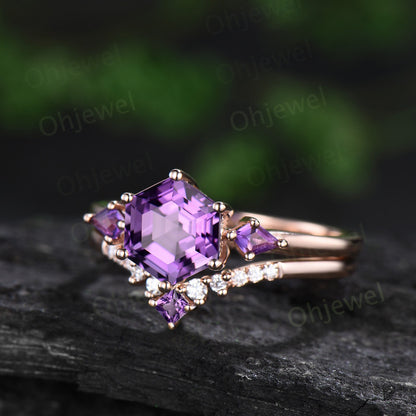 Hexagon cut purple amethyst ring rose gold kite three stone unique engagement ring minimalist moissanite anniversary ring set gift for women