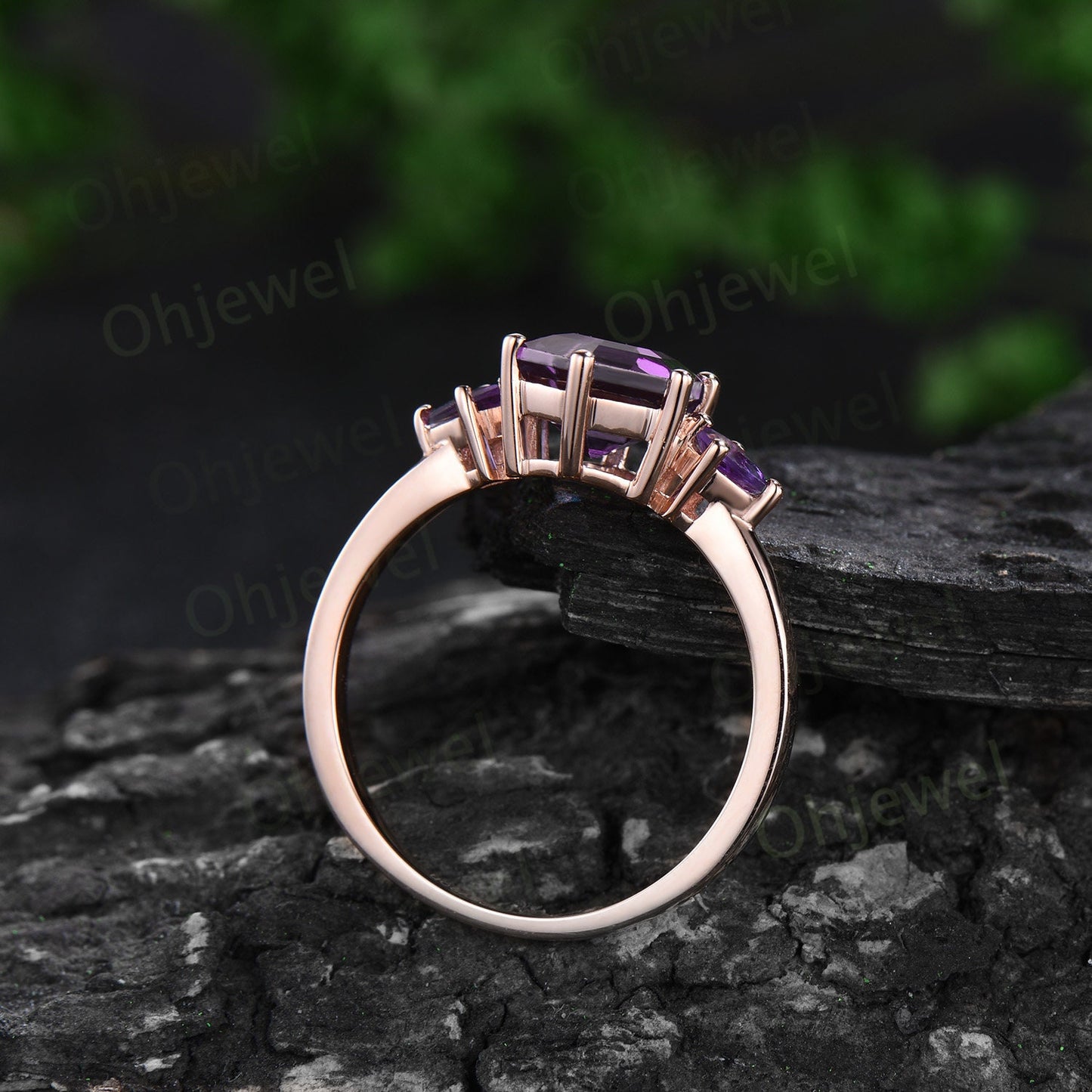 Hexagon cut purple amethyst ring rose gold kite three stone unique engagement ring minimalist moissanite anniversary ring set gift for women
