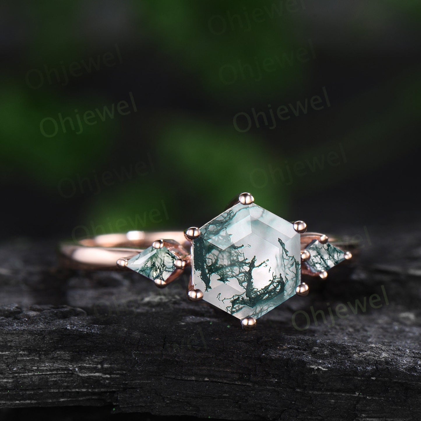 Hexagon cut green moss agate ring vintage rose gold three stone unique engagement ring moissanite emerald promise bridal ring set jewelry