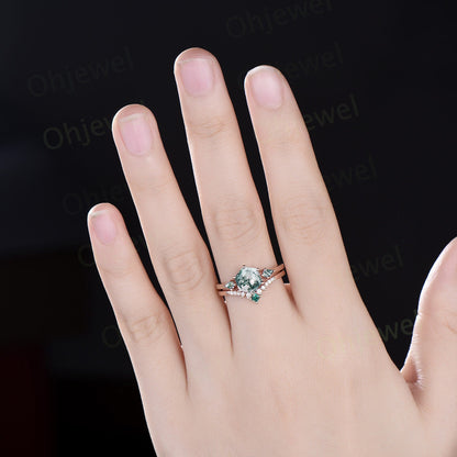 Hexagon cut green moss agate ring vintage rose gold three stone unique engagement ring moissanite emerald promise bridal ring set jewelry