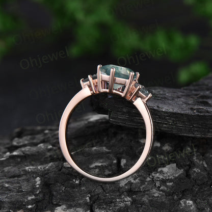 Hexagon cut green moss agate ring vintage rose gold three stone unique engagement ring moissanite emerald promise bridal ring set jewelry