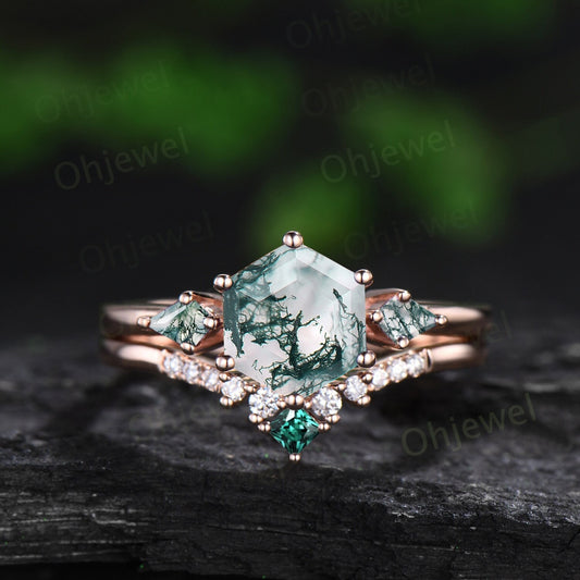 Hexagon cut green moss agate ring vintage rose gold three stone unique engagement ring moissanite emerald promise bridal ring set jewelry