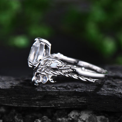 Vintage pear shaped moonstone engagement ring women white gold nature inspired leaf opal alexandrite wedding bridal ring set jewelry