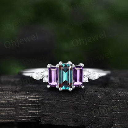 Baguette cut alexandrite moss agate ring dainty moissanite ring rose gold unique engagement ring women Personalized anniversary ring gift