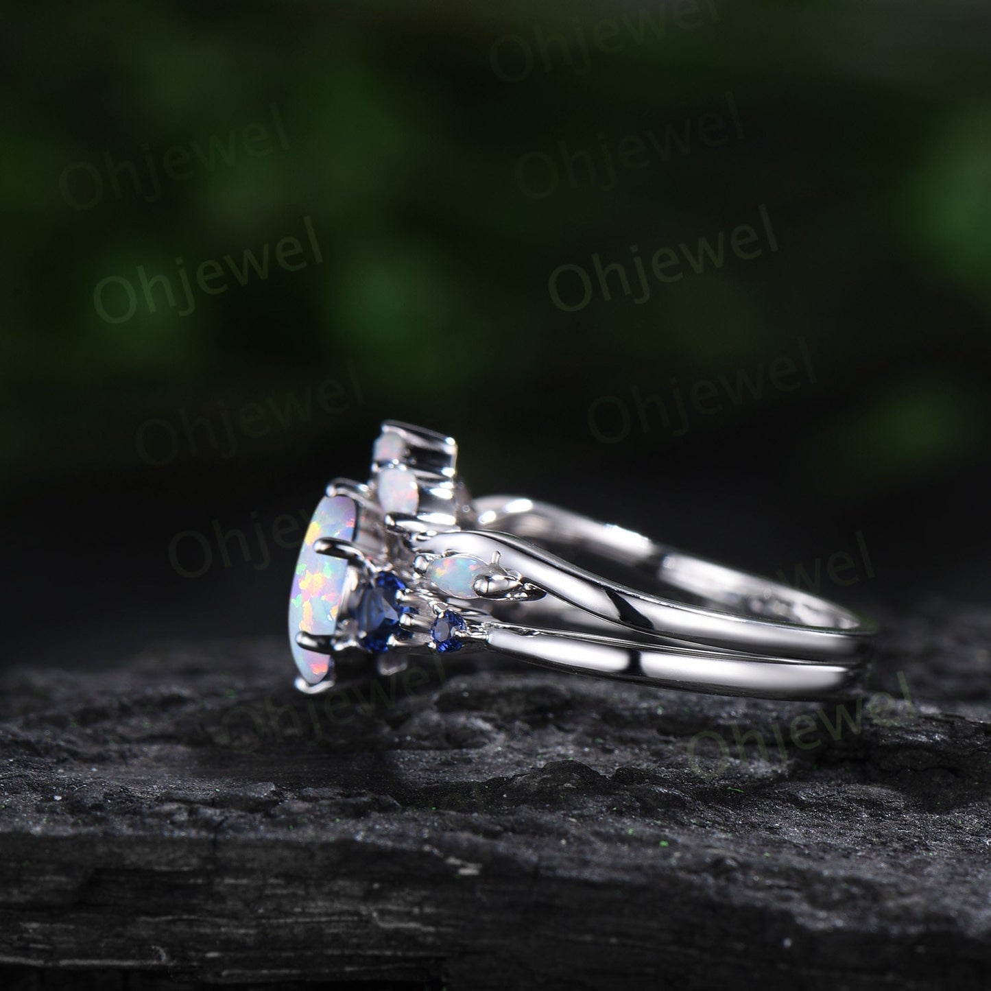 Round opal ring vintage five stone white gold unique engagement ring women pear sapphire ring 6 prong anniversary ring set gift jewelry