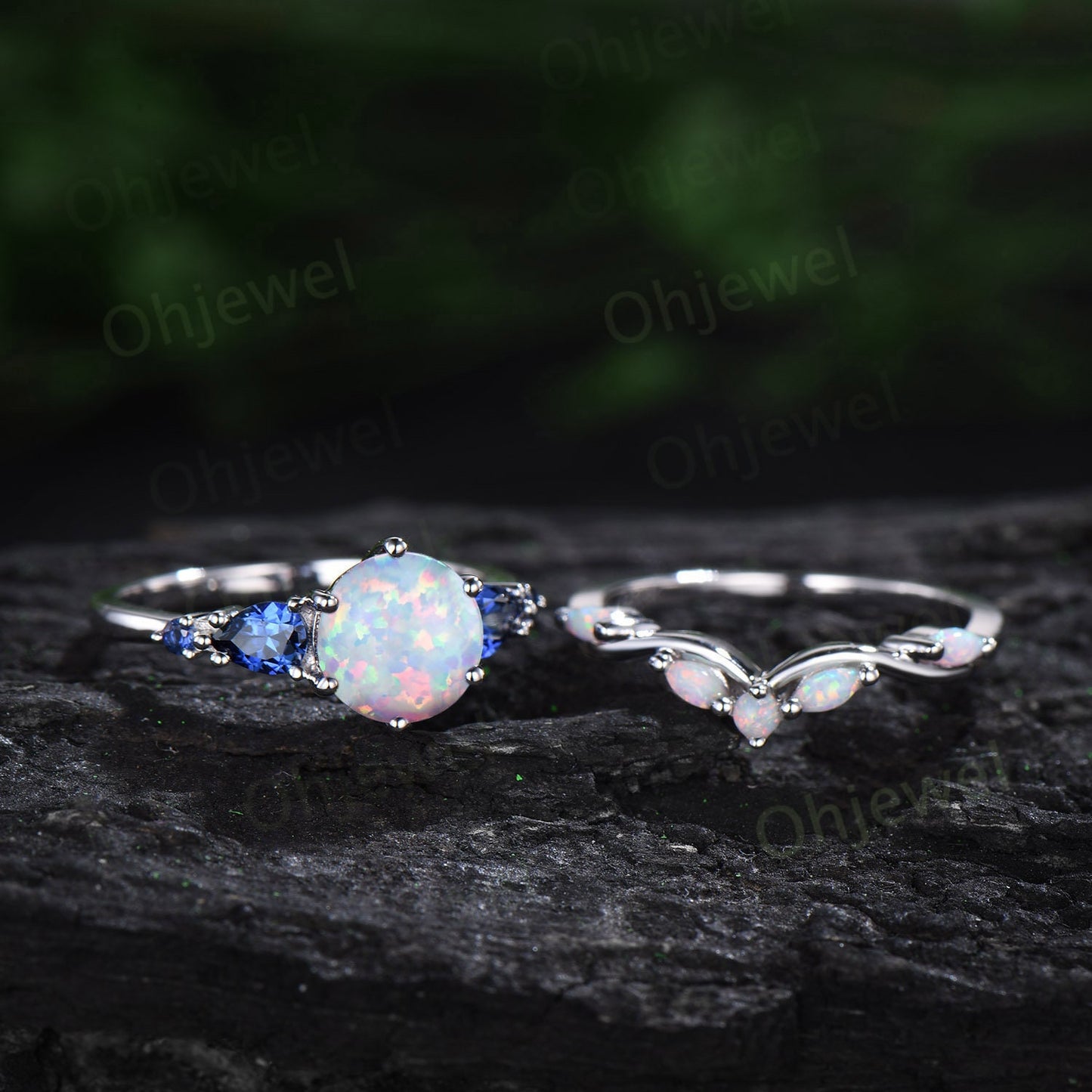 Round opal ring vintage five stone white gold unique engagement ring women pear sapphire ring 6 prong anniversary ring set gift jewelry