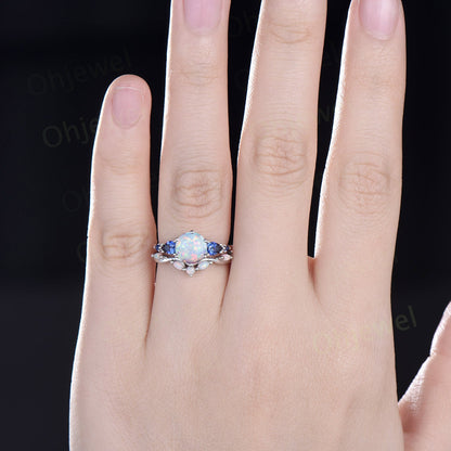 Round opal ring vintage five stone white gold unique engagement ring women pear sapphire ring 6 prong anniversary ring set gift jewelry