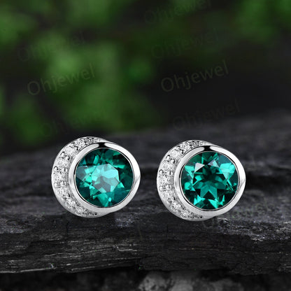 Bezel round cut green emerald earrings solid 14k yellow gold vintage moon diamond stud earrings women dainty bridal anniversary gift jewelry