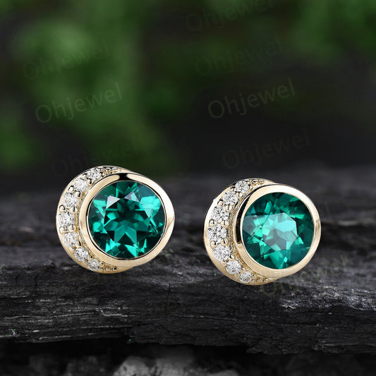 Bezel round cut green emerald earrings solid 14k yellow gold vintage moon diamond stud earrings women dainty bridal anniversary gift jewelry