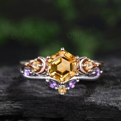 Hexagon cut yellow citrine ring vintage moon three stone unique engagement ring women marquise amethyst bridal anniversary ring set gift