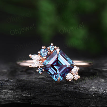 Asscher cut Alexandrite ring women unique cluster engagement ring rose gold claw prong diamond promise anniversary ring gift